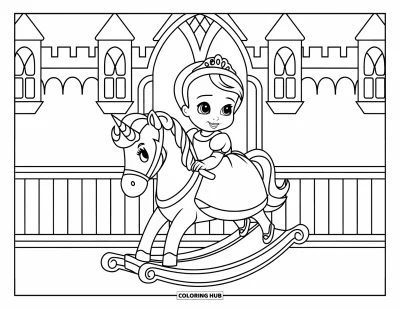 Coloriage de bébé princesse pour enfants : Une princesse souriante monte son cheval à bascule licorne dans une chambre douillette