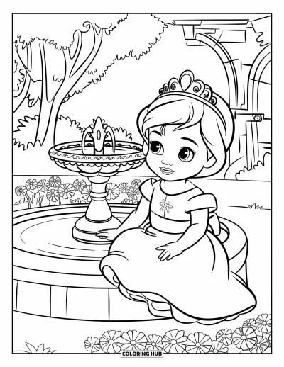 Coloriage de bébé princesse pour enfants : Une douce princesse se repose près d'une fontaine entourée de fleurs et d'arbres