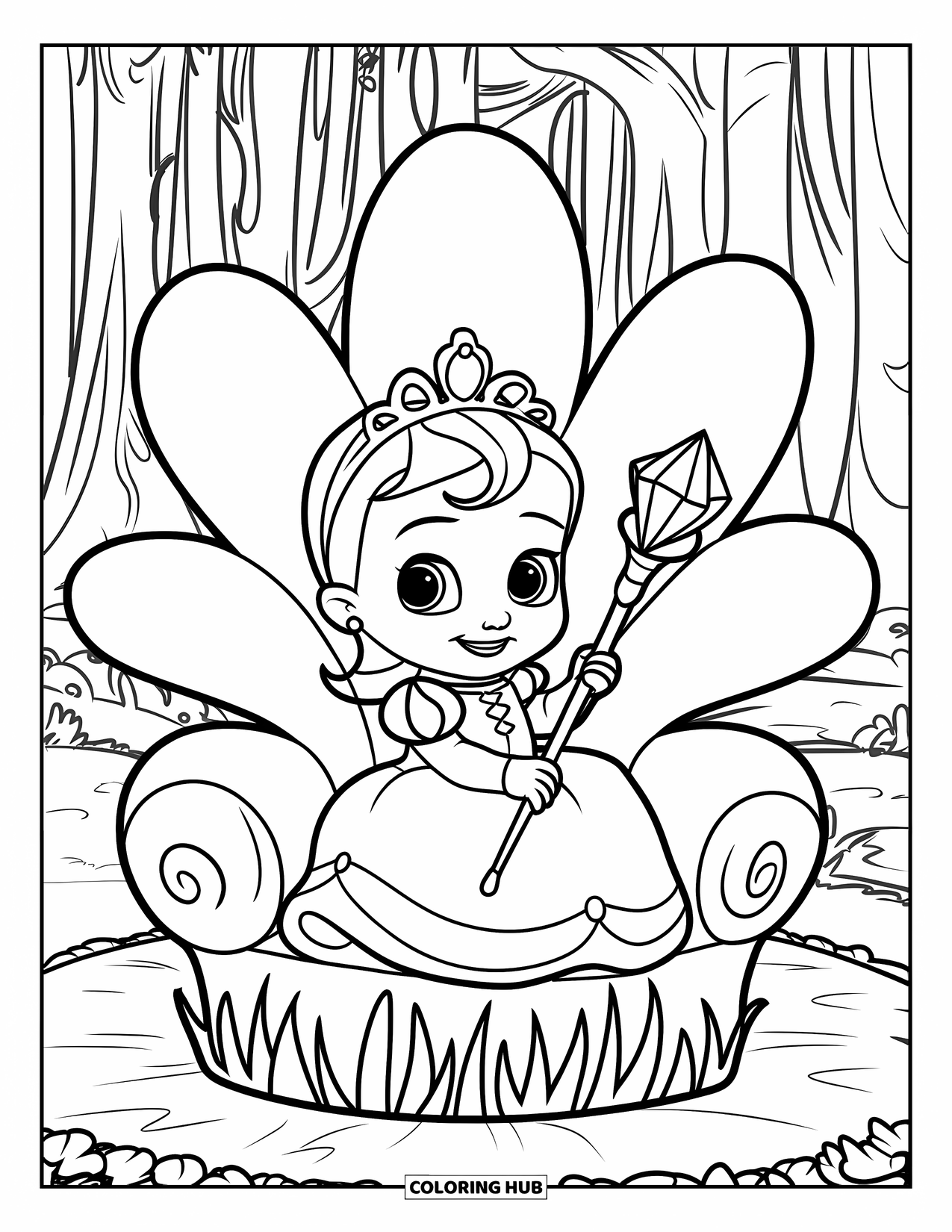 Baby Princess Coloring Page for Kids: A tiny princess sits on a flower throne holding her glowing staff