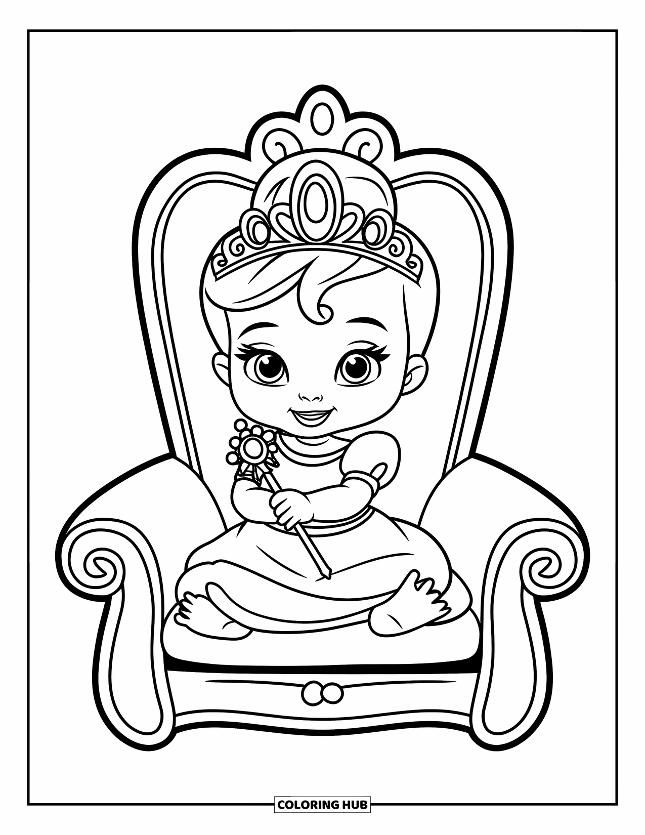 Baby Princess Coloring Page for Kids: A tiny princess smiles on her pillow throne holding a sparkly wand