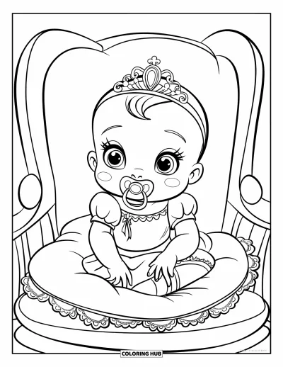 Coloriage de bébé princesse pour enfants : Une toute petite princesse avec un diadème se repose sur son oreiller avec sa tétine