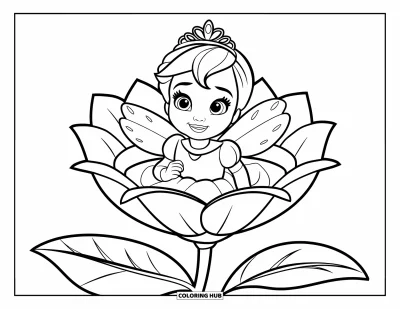 Coloriage de bébé princesse pour enfants : Une toute petite princesse ailée se repose dans un nid de fleurs en pleine floraison