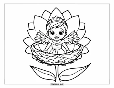 Coloriage de bébé princesse pour enfants : Une bébé princesse ailée est assise joyeusement dans un nid de fleurs