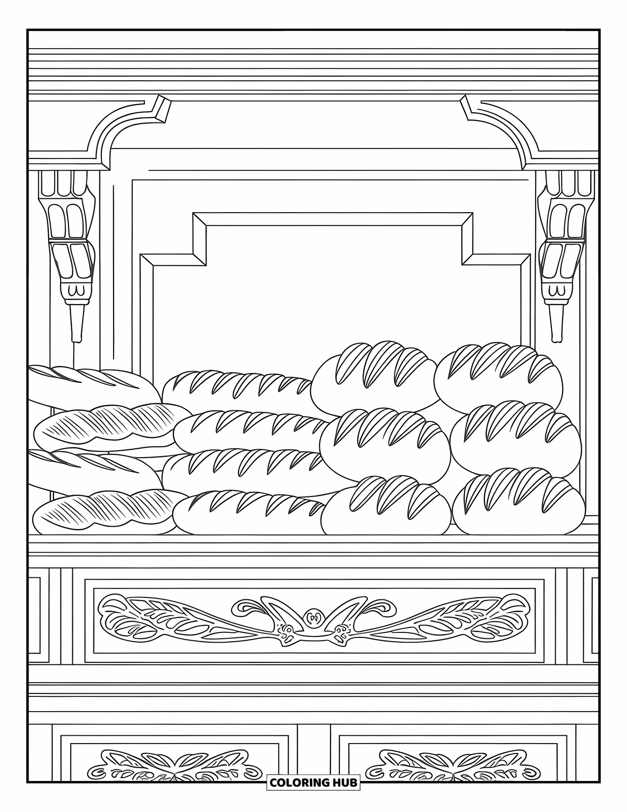 Bakery Coloring Page for Adults: A bakery shelf stacked with baguettes, loaves, and buns