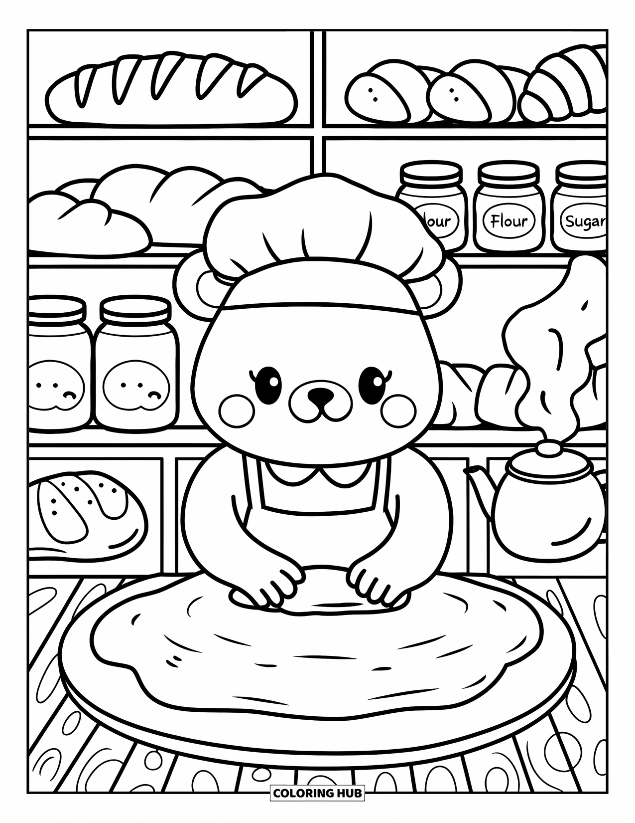 Bakery Coloring Page for Adults: A bear baker kneading dough surrounded by bread, croissants, and jars
