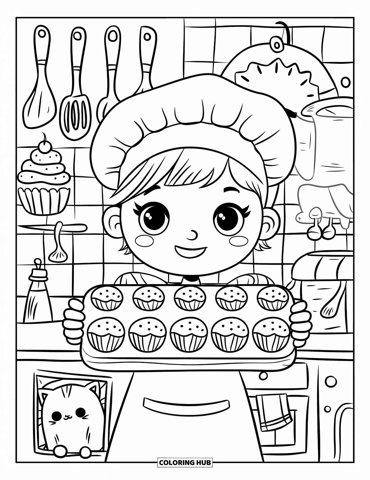 Bakery Coloring Page for Adults: A cheerful baker serving muffins with a cat peeking nearby
