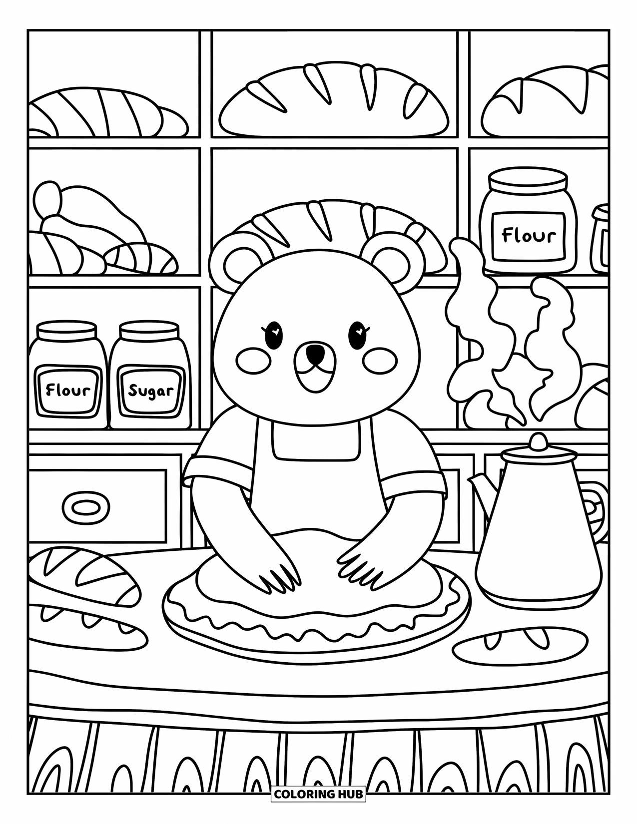 Bakery Coloring Page for Adults: A cheerful bear baking bread with shelves full of loaves and jars