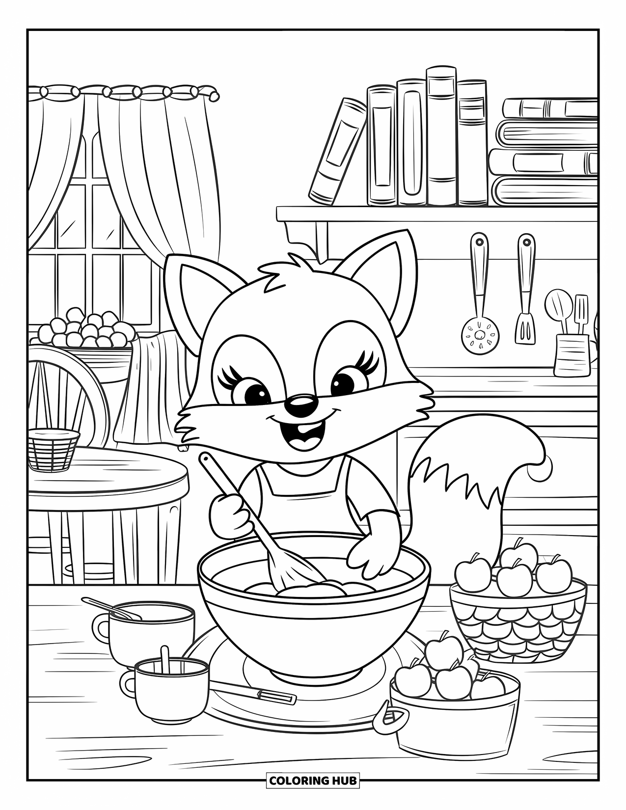 Bakery Coloring Page for Adults: A cheerful fox baking in a cozy kitchen with apples and books nearby