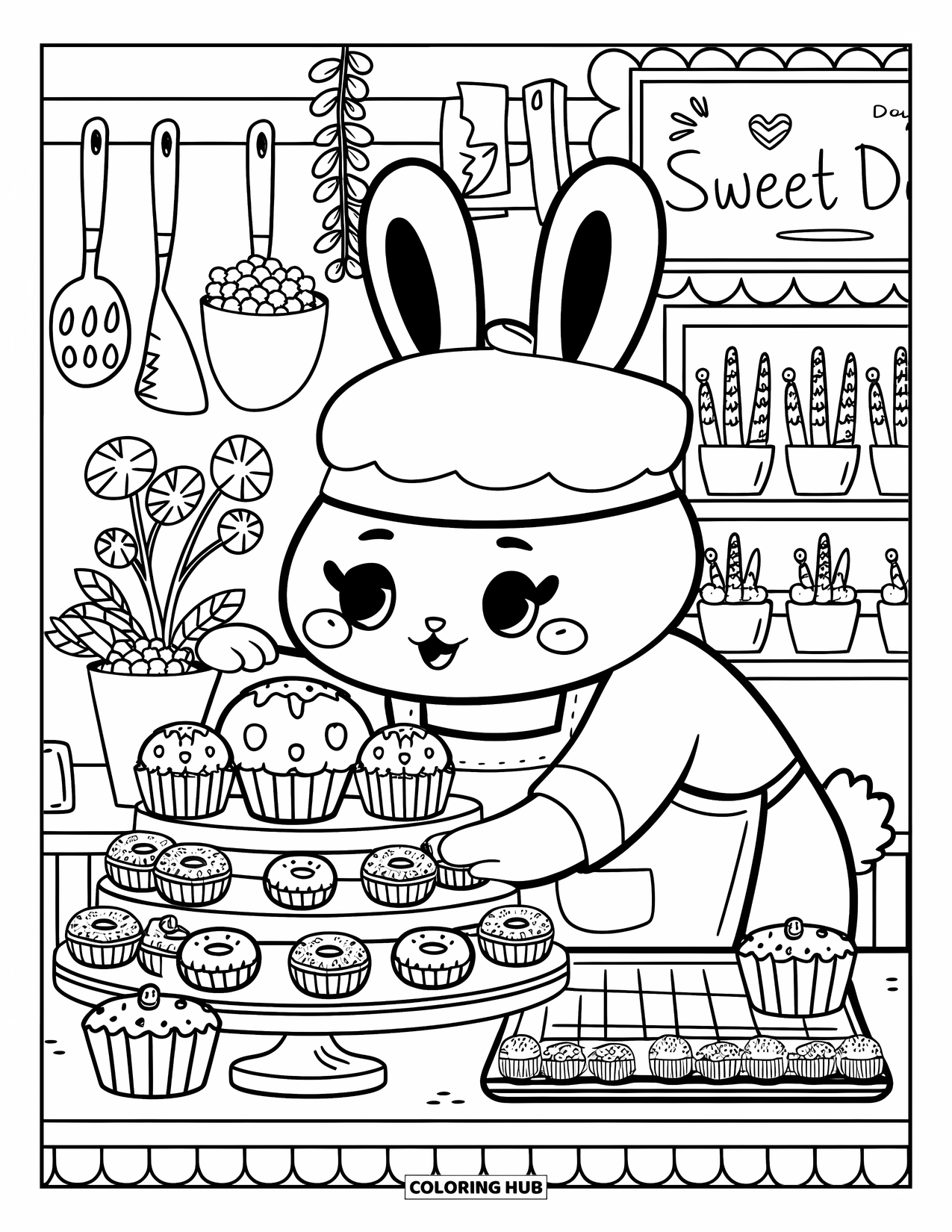 Bakery Coloring Page for Adults: A chubby bunny baker arranging cupcakes and donuts on display