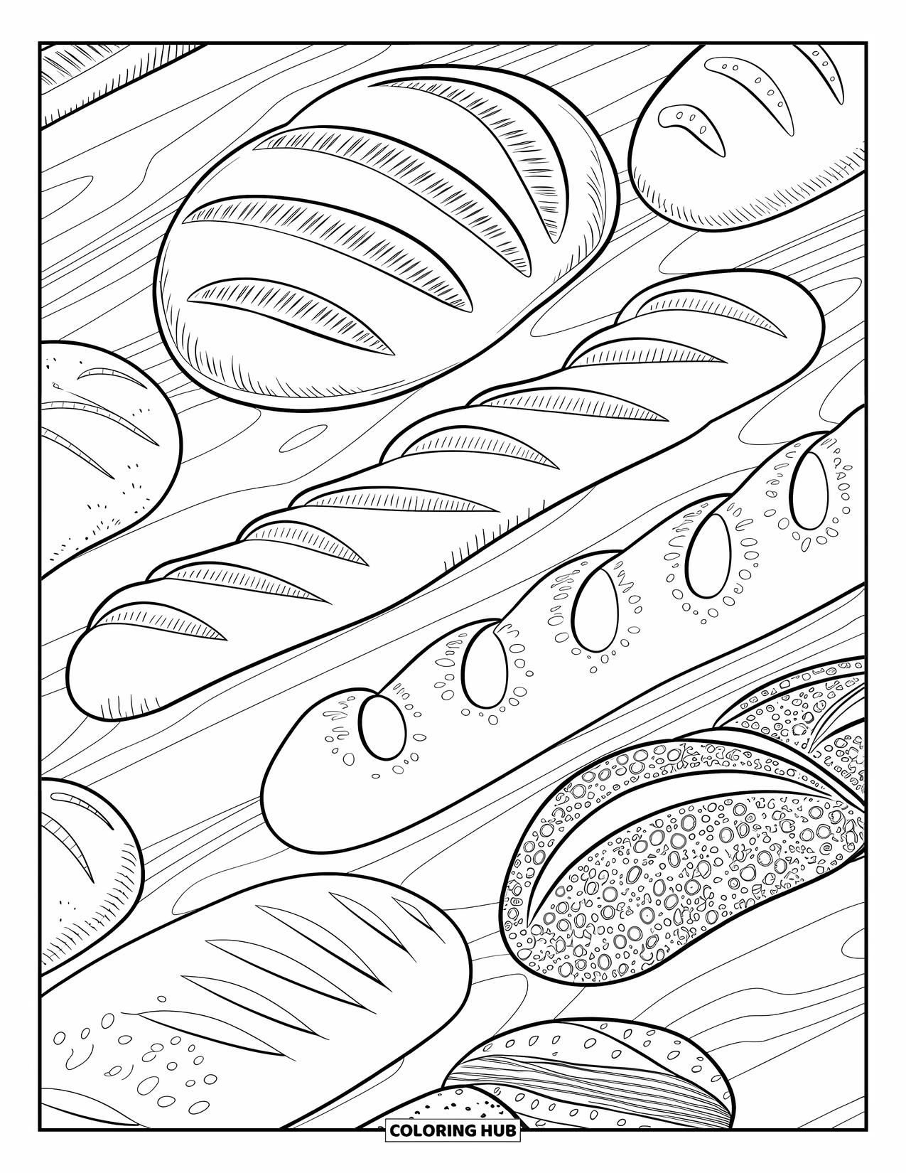 Bakery Coloring Page for Adults: A close-up of sourdough, baguette, and ciabatta on a wooden board