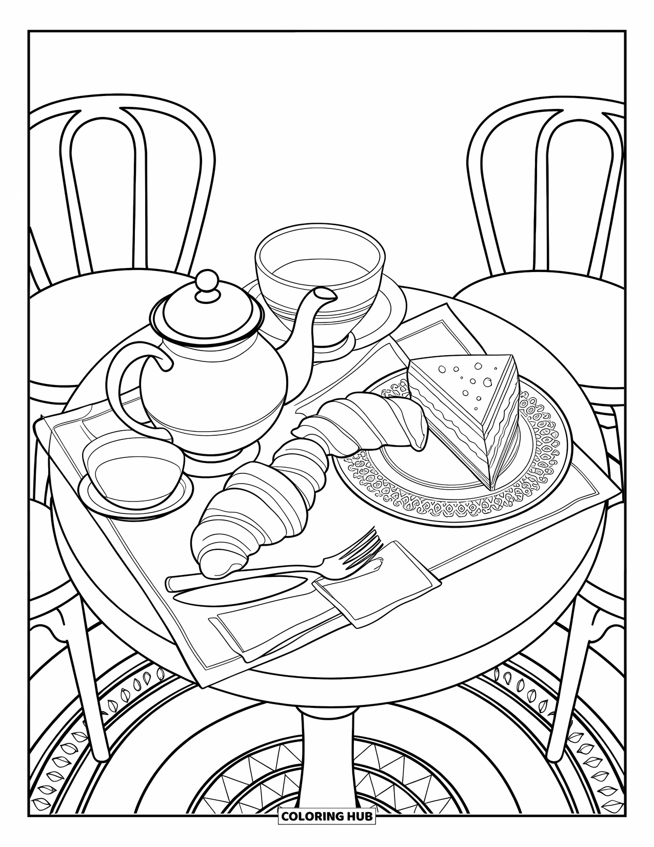 Bakery Coloring Page for Adults: A cozy café table with tea, pastries, and two chairs nearby