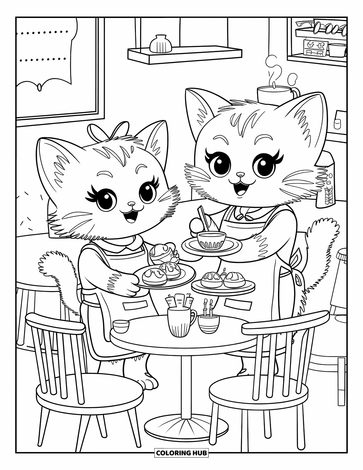 Bakery Coloring Page for Adults: A cute cat café with kittens serving pastries and tea to guests