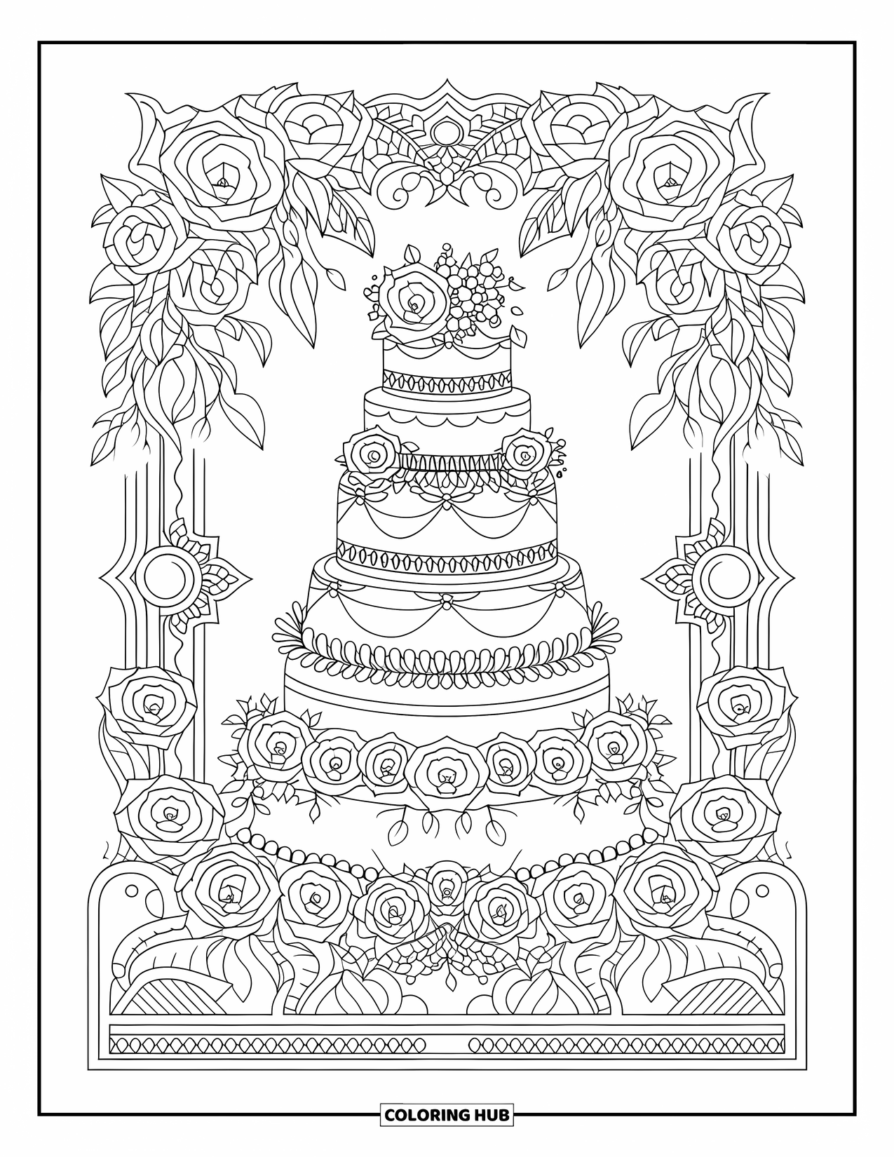 Bakery Coloring Page for Adults: A detailed wedding cake surrounded by lace and blooming roses