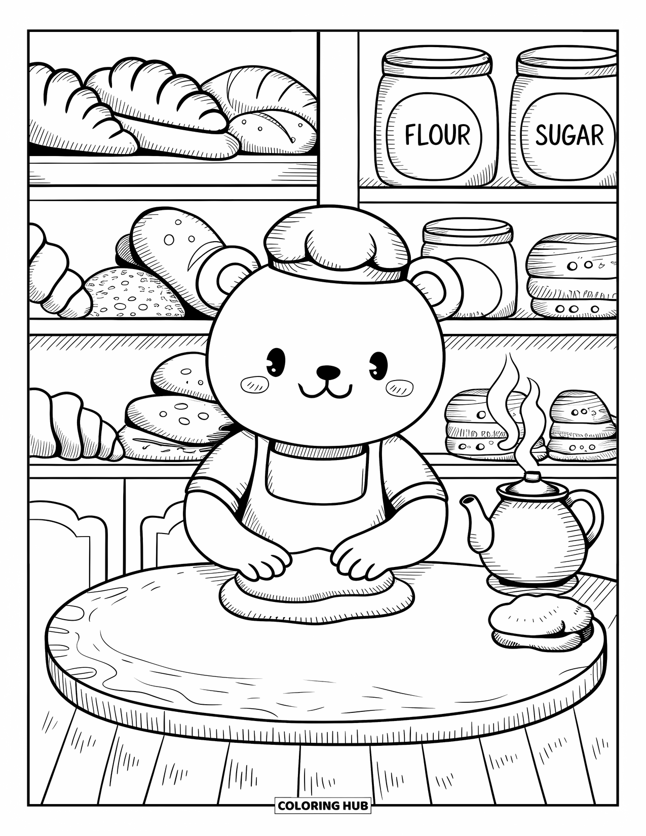 Bakery Coloring Page for Adults: A friendly bear kneading dough beside loaves, jars, and a steaming teapot