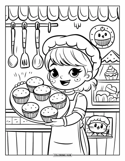 Yetişkinler için Fırın Boyama Sayfası: Tezgahın altında bir kediyle birlikte elinde muffin tutan mutlu genç bir fırıncı