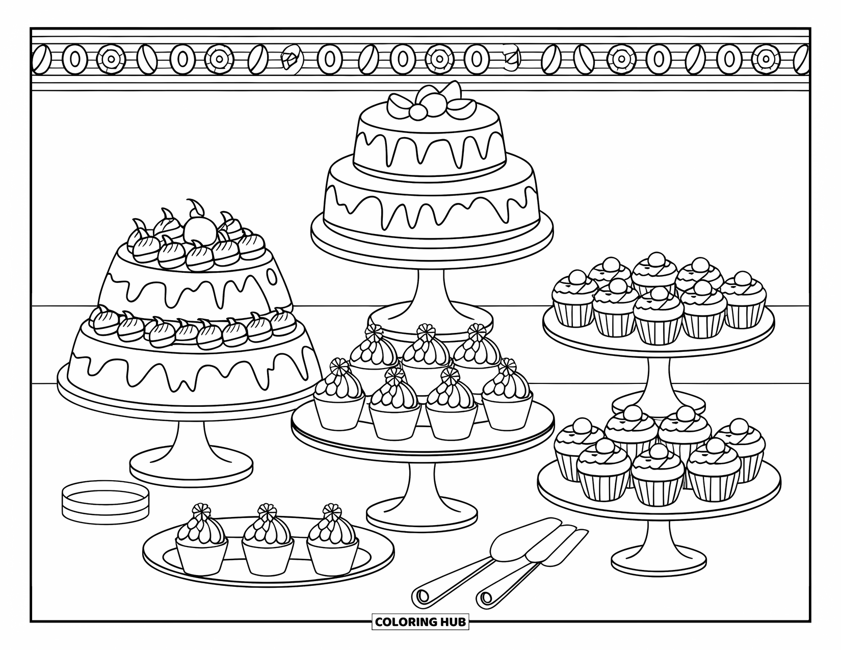 Bakery Coloring Page for Adults: A refined dessert table filled with layered cakes, cupcakes, and pastries