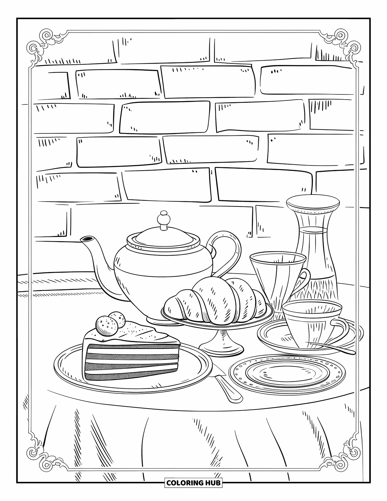 Bakery Coloring Page for Adults: A still-life café scene with tea, pastries, and a brick wall backdrop