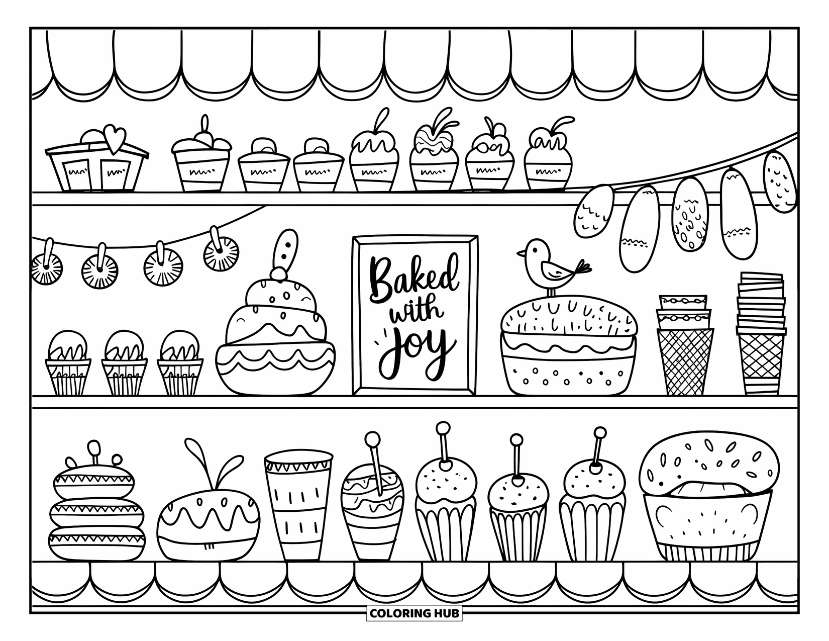 Bakery Coloring Page for Adults: A whimsical bakery shelf with sweets, jars, and a smiling bird