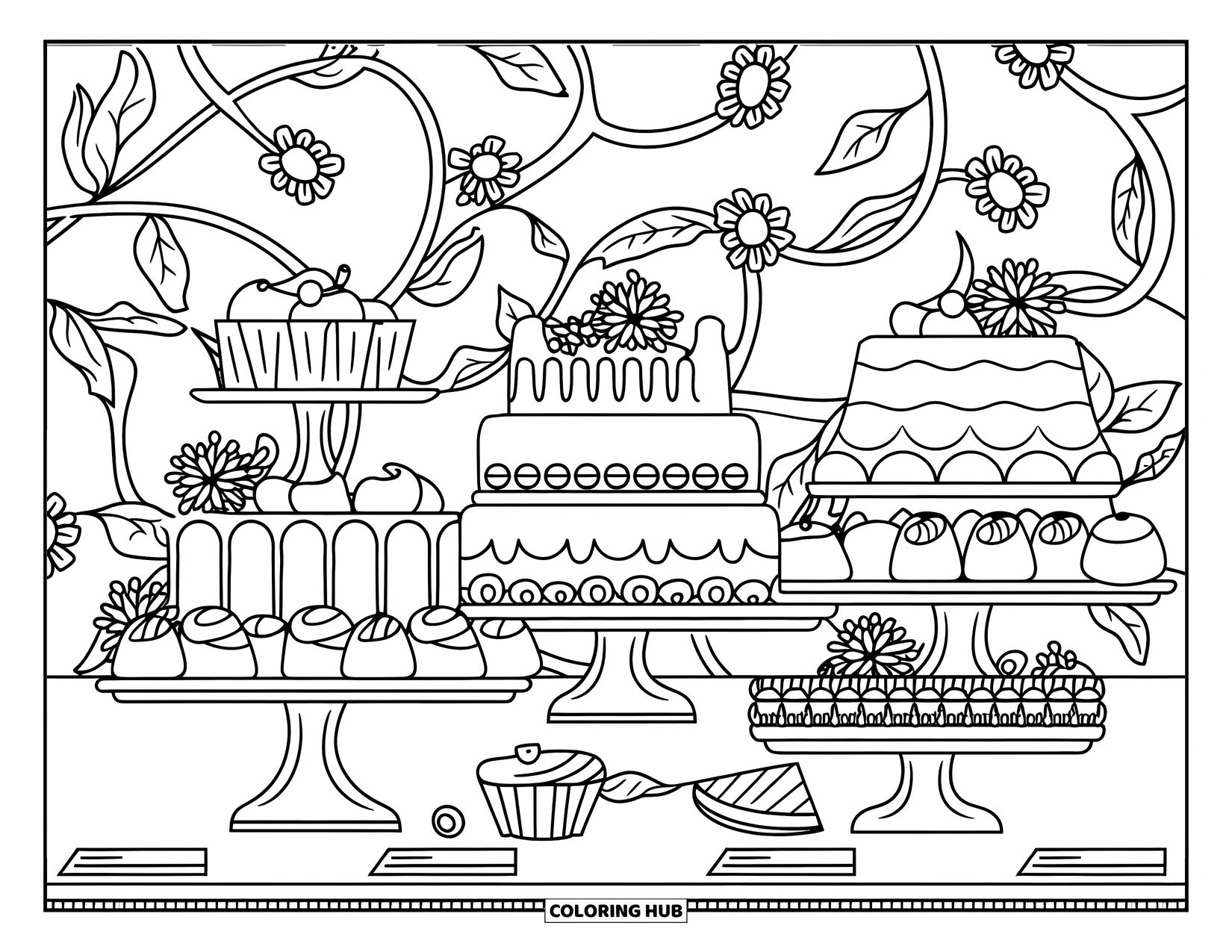 Bakery Coloring Page for Adults: An elegant dessert display with cakes and pastries surrounded by floral patterns