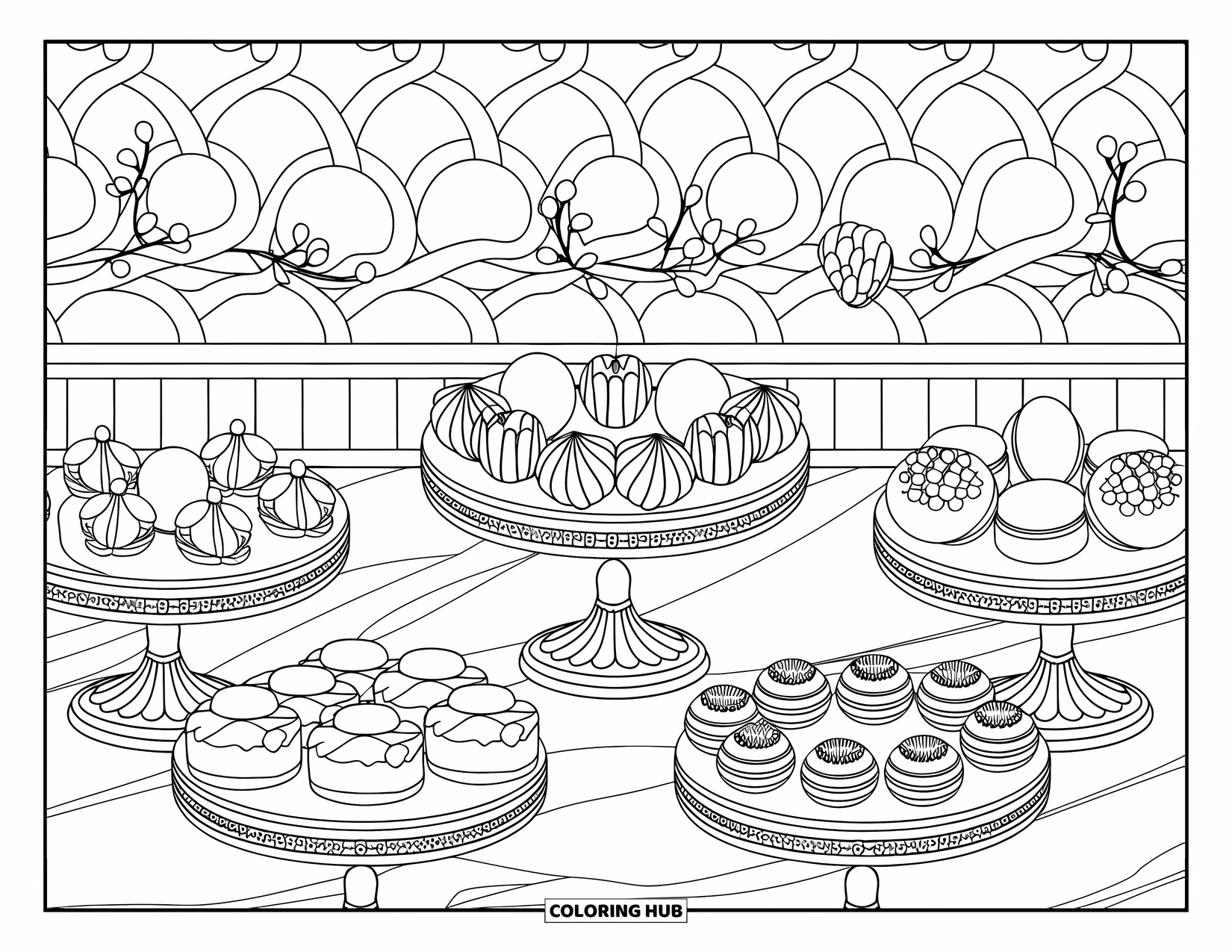 Bakery Coloring Page for Adults: Tarts, eclairs, and macarons displayed elegantly on decorative platters