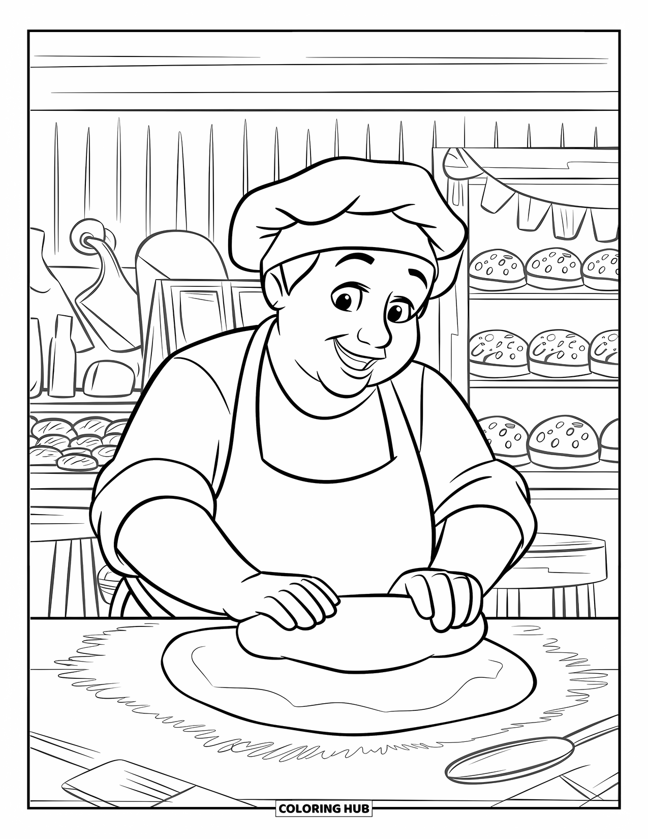 Bakery Coloring Page for Kids: A baker with a warm smile kneading dough beside baking tools