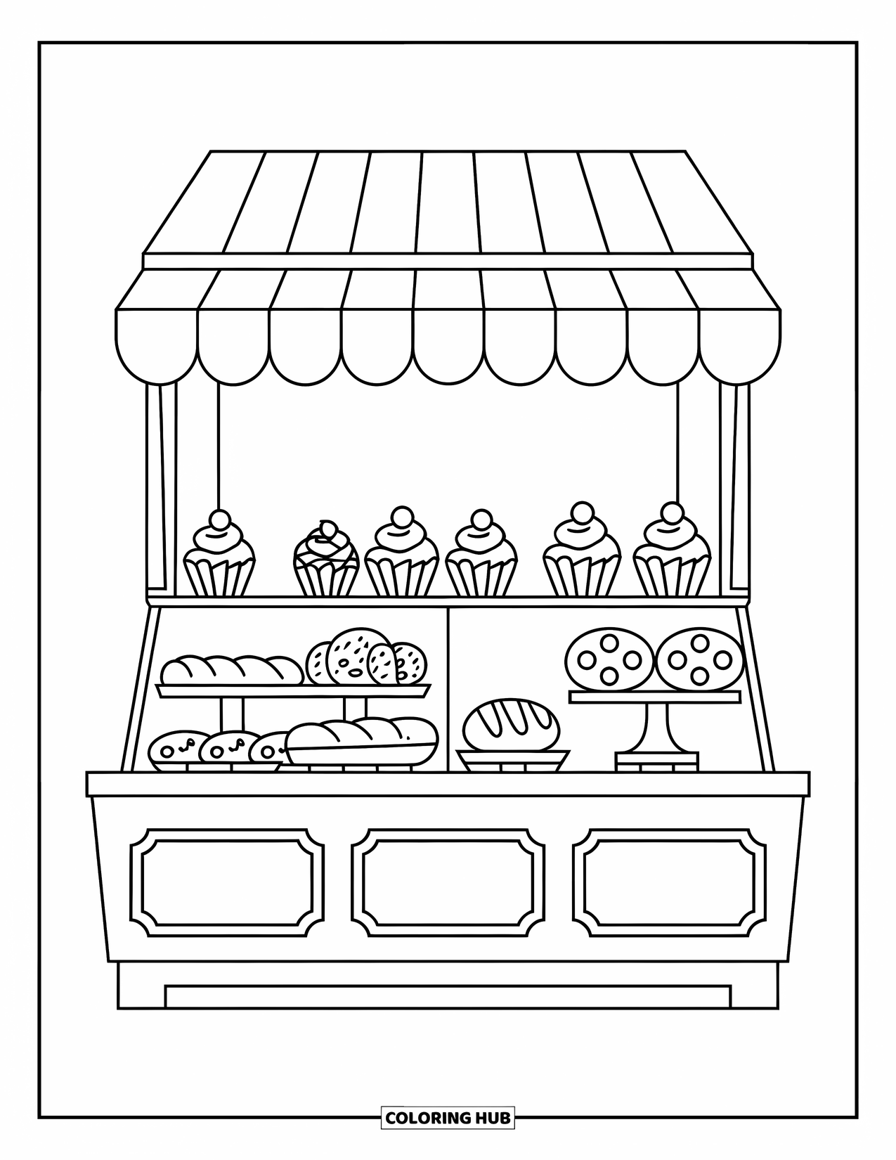 Bakery Coloring Page for Kids: A bakery counter filled with cupcakes, cookies, and bread