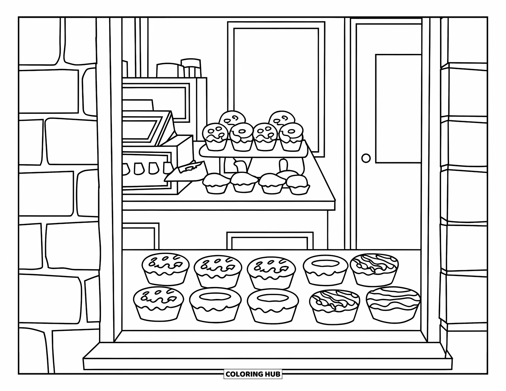 Bakery Coloring Page for Kids: A bakery window scene with muffins, donuts, and a counter display