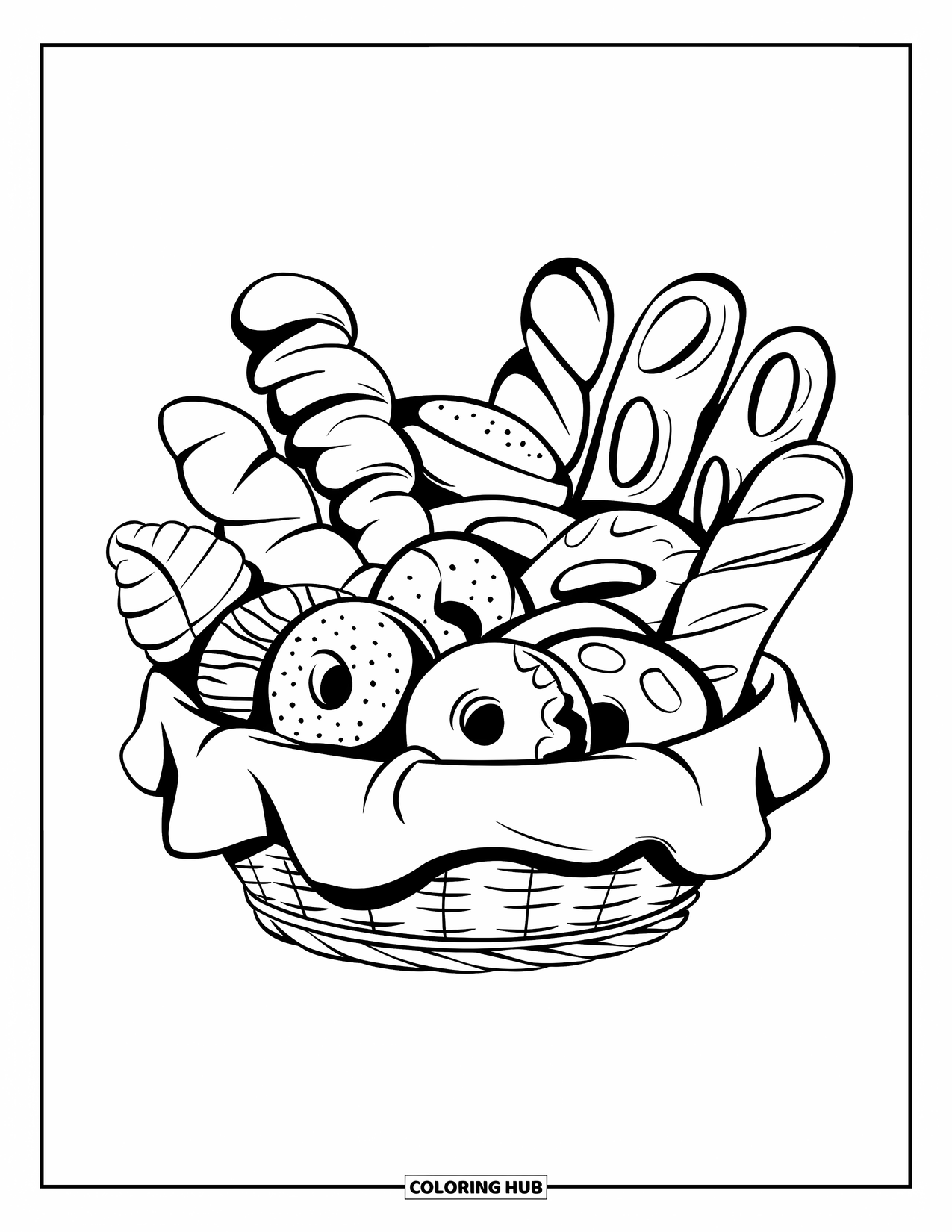 Bakery Coloring Page for Kids: A basket of croissants, bagels, donuts, and assorted bread rolls