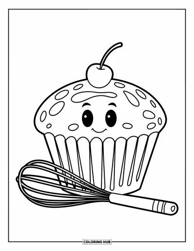 Çocuklar için Fırın Boyama Sayfası: Çırpma teli ve kaşığın yanında yüzü gülen neşeli bir muffin