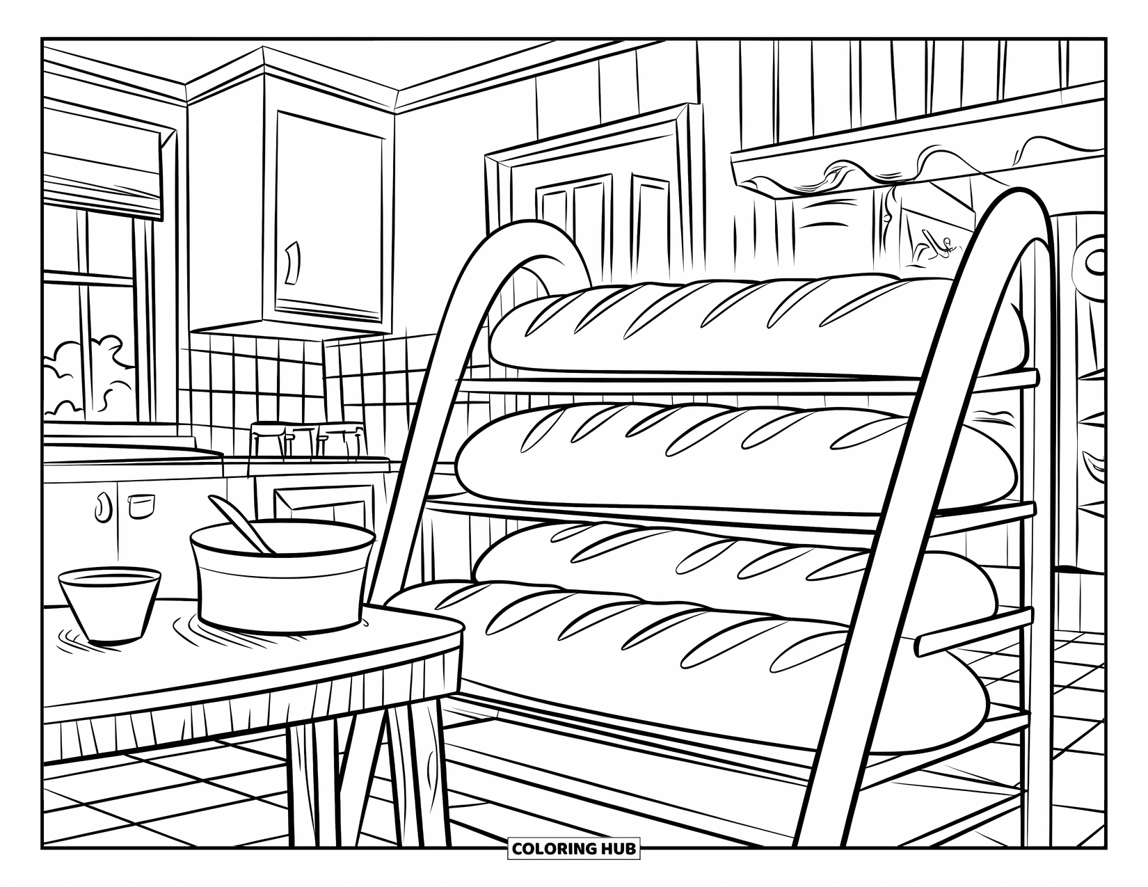 Bakery Coloring Page for Kids: A cozy bakery kitchen with bread loaves cooling on racks