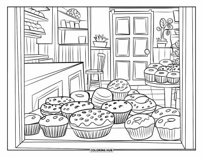 Çocuklar için Fırın Boyama Sayfası: Muffin, donut ve saksı bitkilerinin bulunduğu neşeli bir fırın köşesi