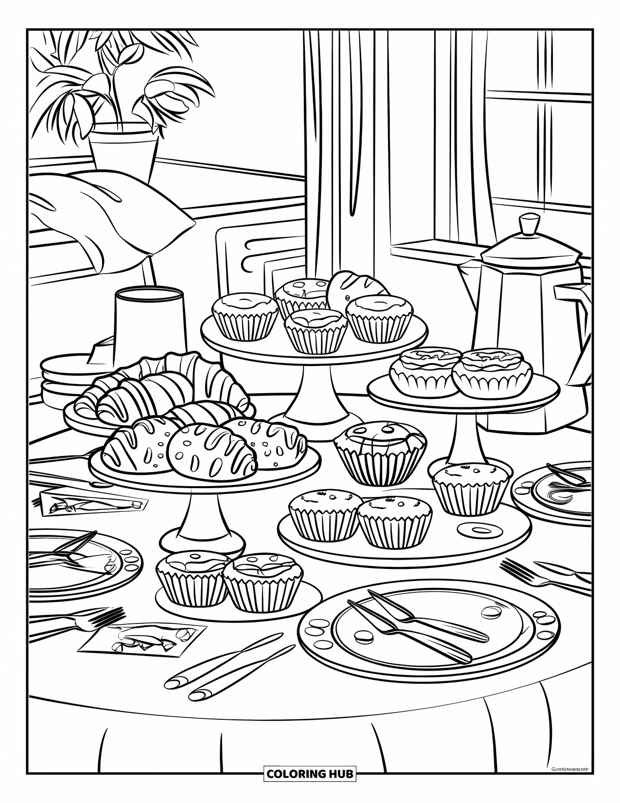 Bakery Coloring Page for Kids: A cozy kitchen table with pastries, croissants, donuts, and cupcakes