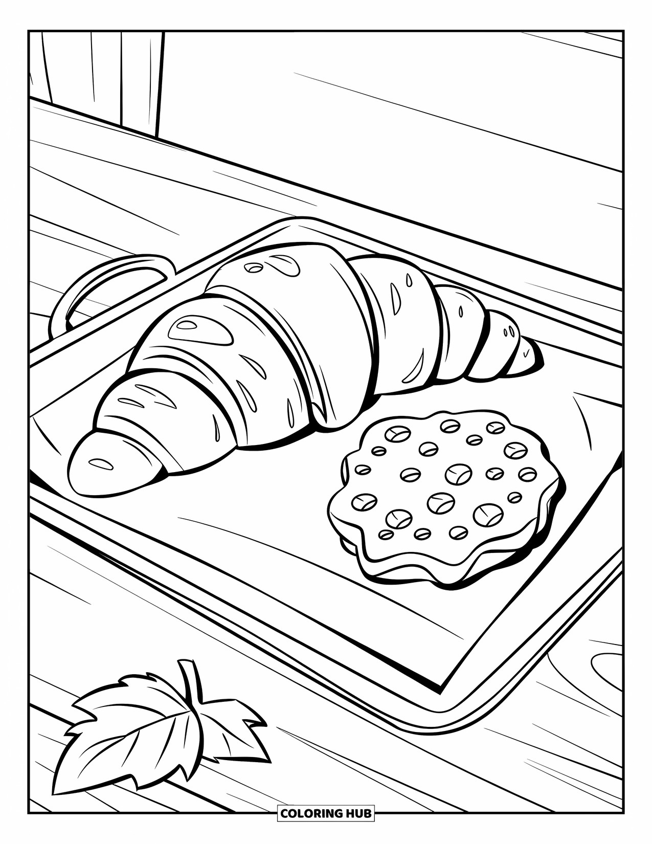 Bakery Coloring Page for Kids: A croissant and cookie on a tray with a leaf nearby