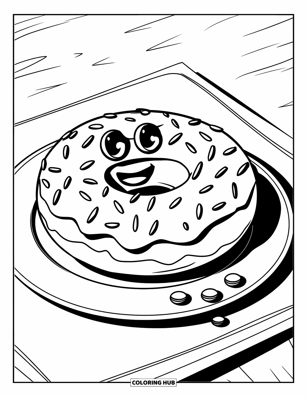 Bakery Coloring Page for Kids: A donut with a chocolate-chip smile and crumbs on the plate