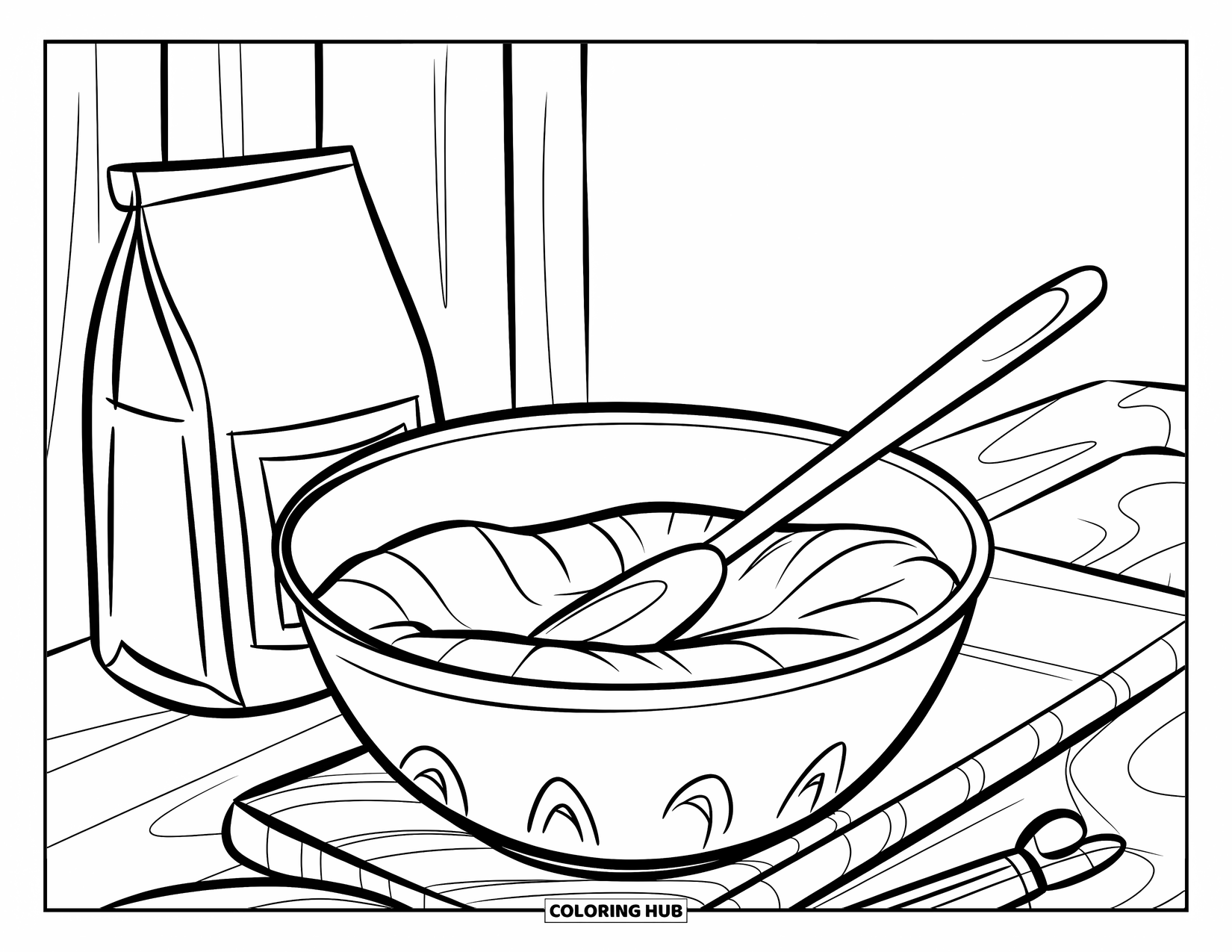 Bakery Coloring Page for Kids: A dough mixing station with a bowl, spoon, and flour bag