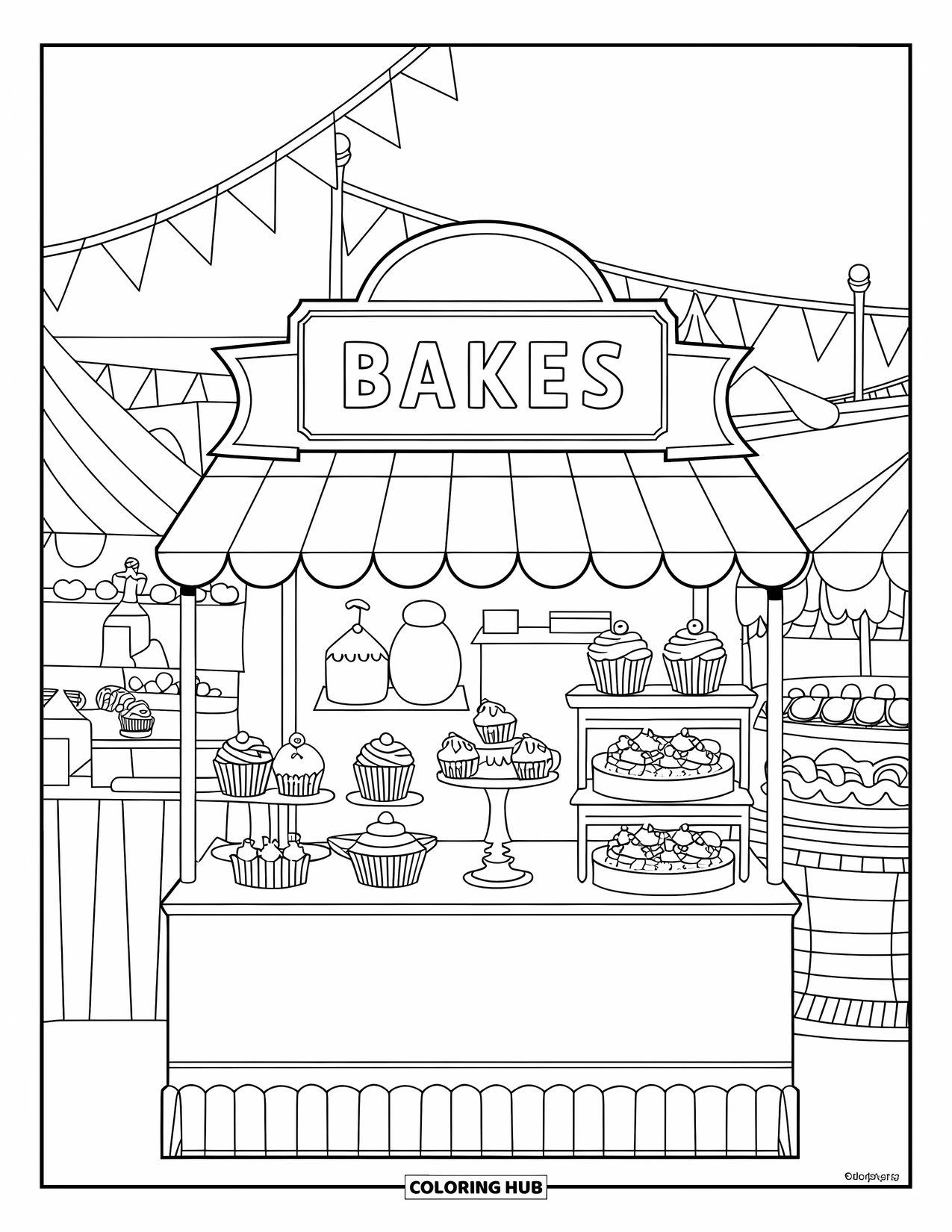 Bakery Coloring Page for Kids: A fair bakery stall with cupcakes, pies, and cheerful visitors