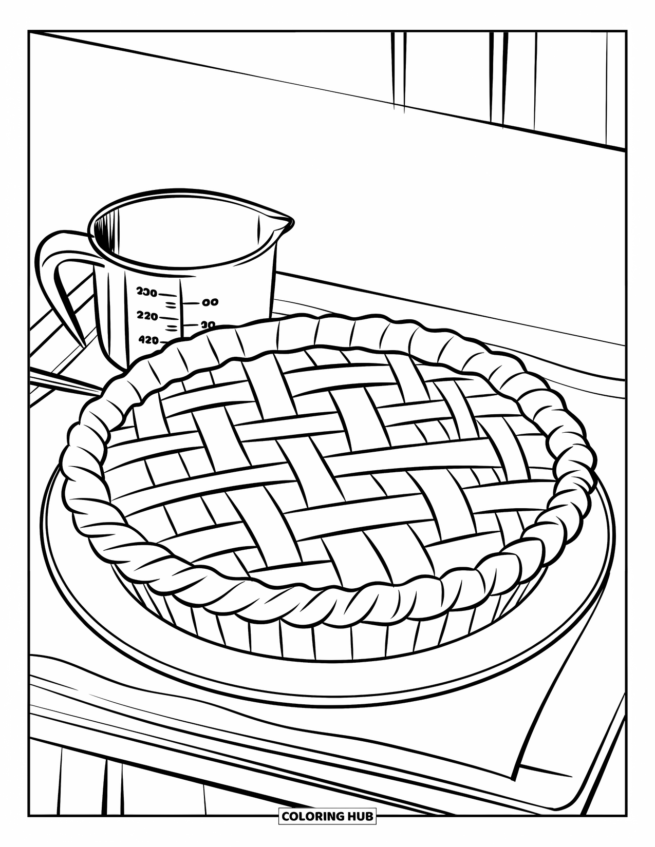 Bakery Coloring Page for Kids: A freshly baked lattice pie on a plate beside baking tools