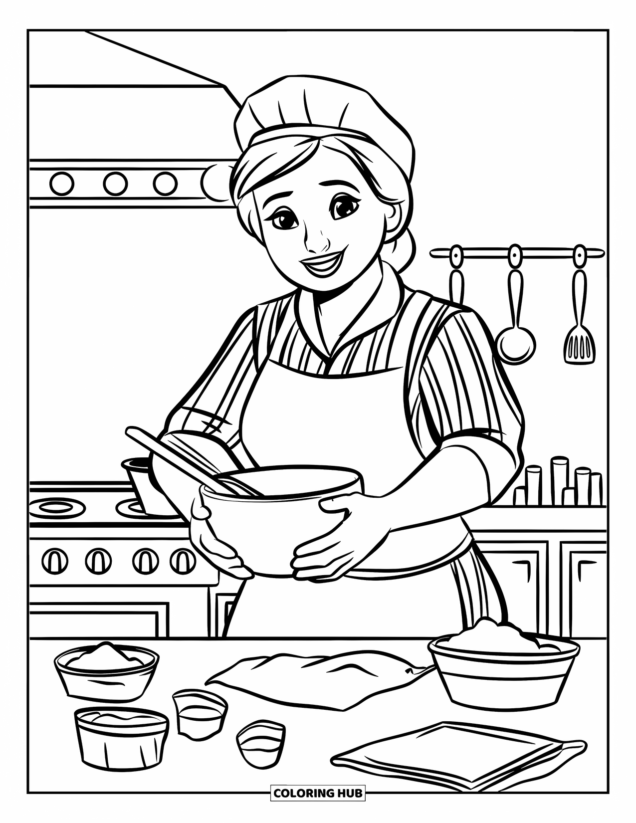 Bakery Coloring Page for Kids: A happy baker mixing dough with baking ingredients nearby