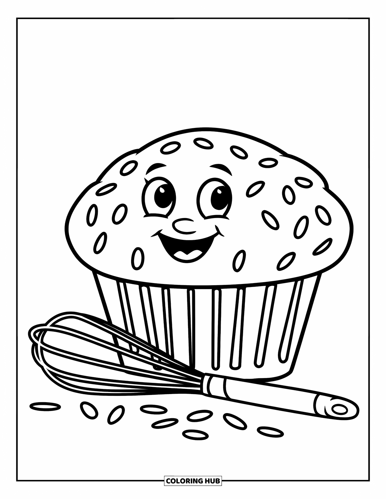 Bakery Coloring Page for Kids: A happy muffin with sprinkles next to a whisk and spoon