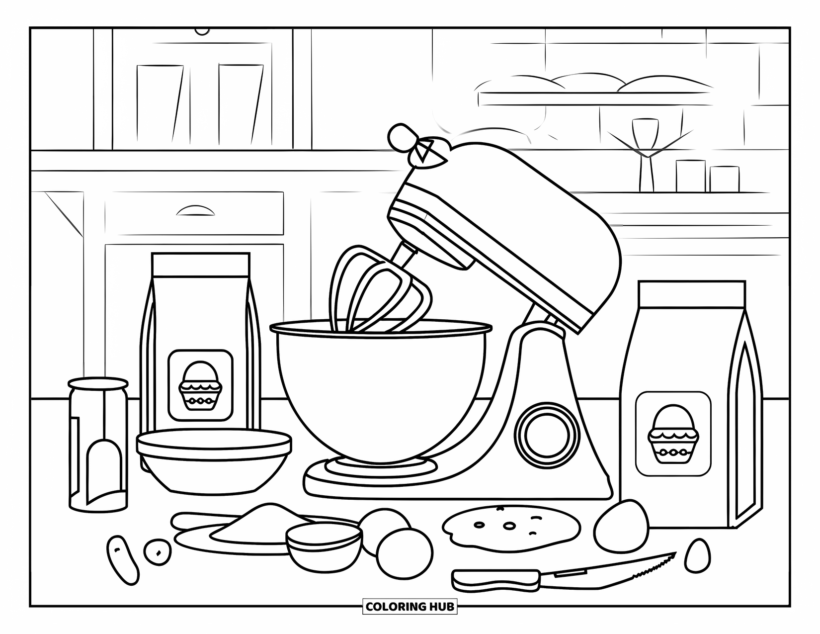 Bakery Coloring Page for Kids: A kitchen mixing area with baking tools, flour, and ingredients