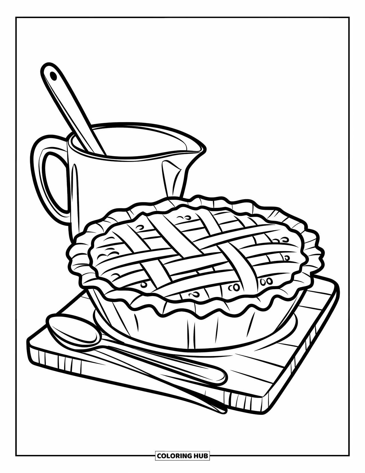 Bakery Coloring Page for Kids: A lattice-crust pie with a spoon and measuring cup on a board