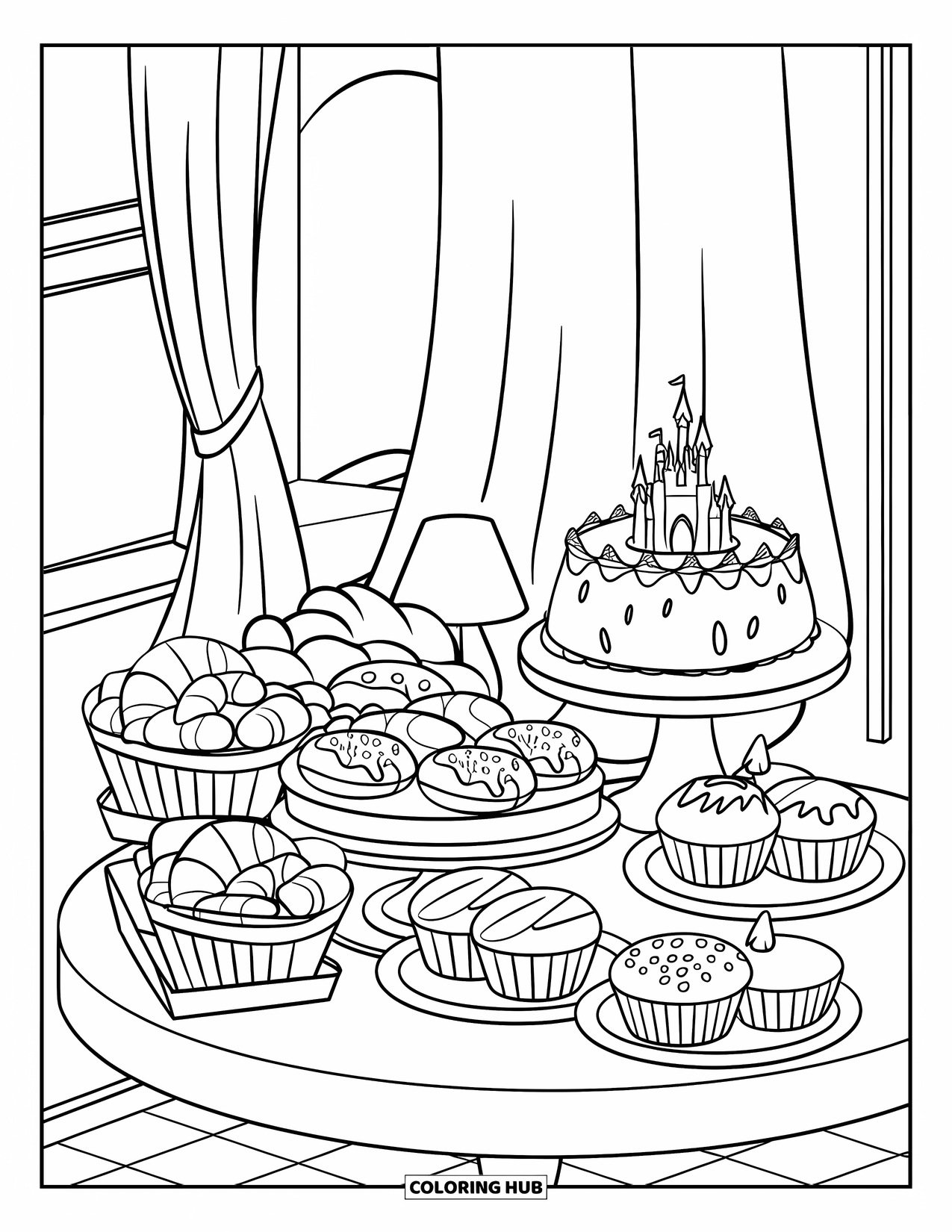 Bakery Coloring Page for Kids: A pastry table with muffins, cakes, and a castle-topped dessert
