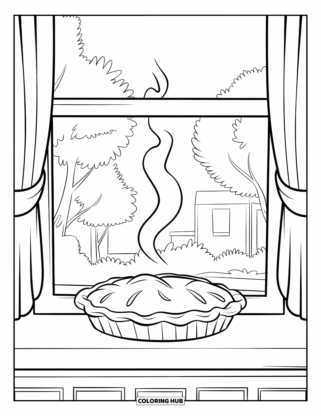 Bakery Coloring Page for Kids: A pie cooling on a windowsill with steam rising gently