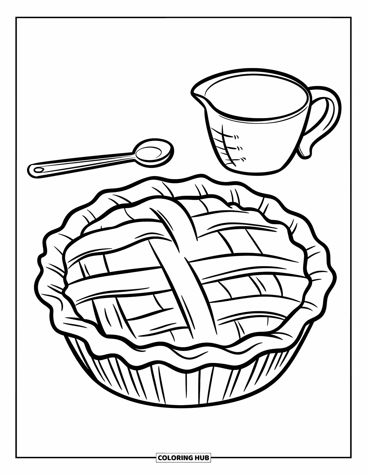 Bakery Coloring Page for Kids: A pie with a lattice crust beside a measuring cup and spoon