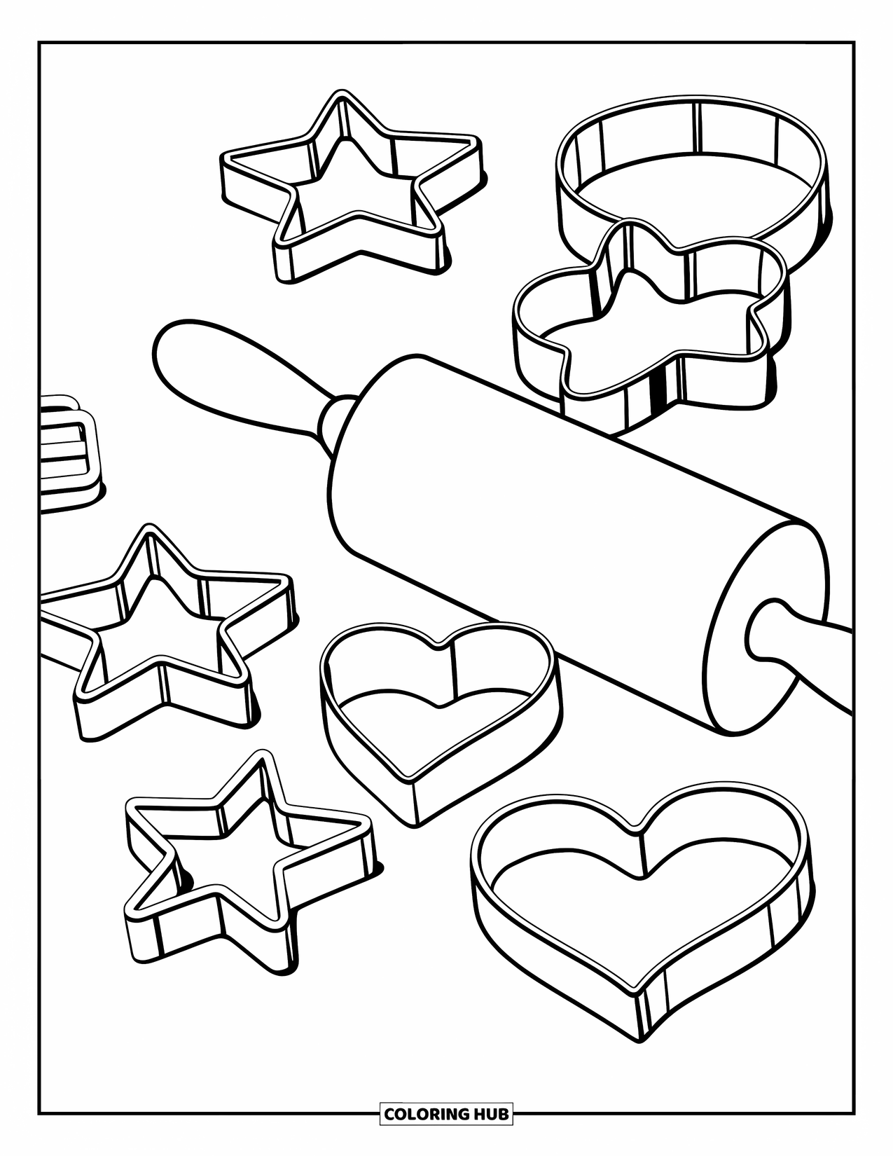 Bakery Coloring Page for Kids: A rolling pin and cookie cutters placed on a clean surface