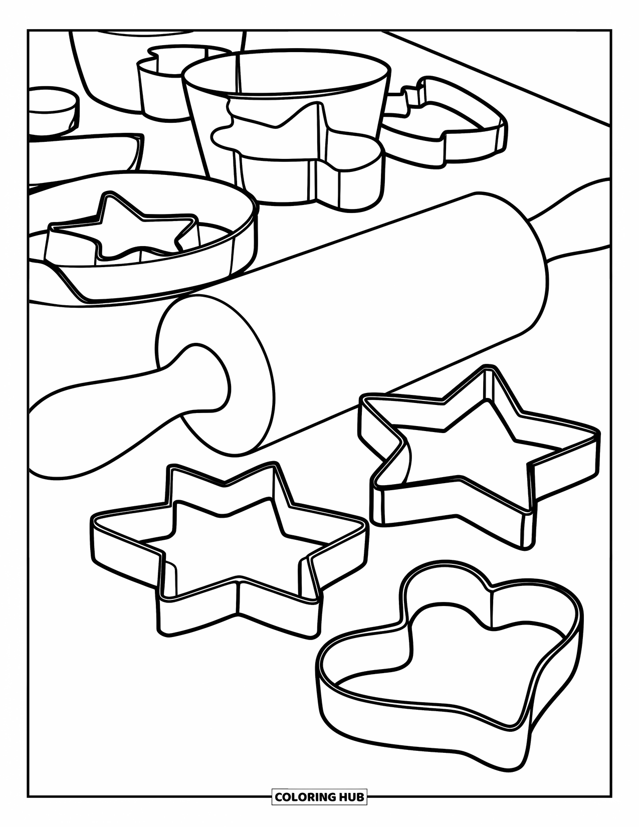 Bakery Coloring Page for Kids: A rolling pin beside cookie cutters shaped like stars and hearts