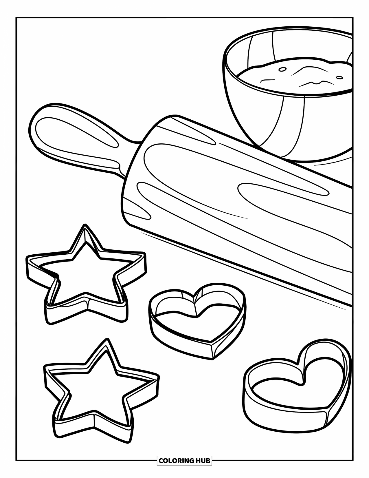 Bakery Coloring Page for Kids: A rolling pin with a bowl of flour beside star and heart cutters