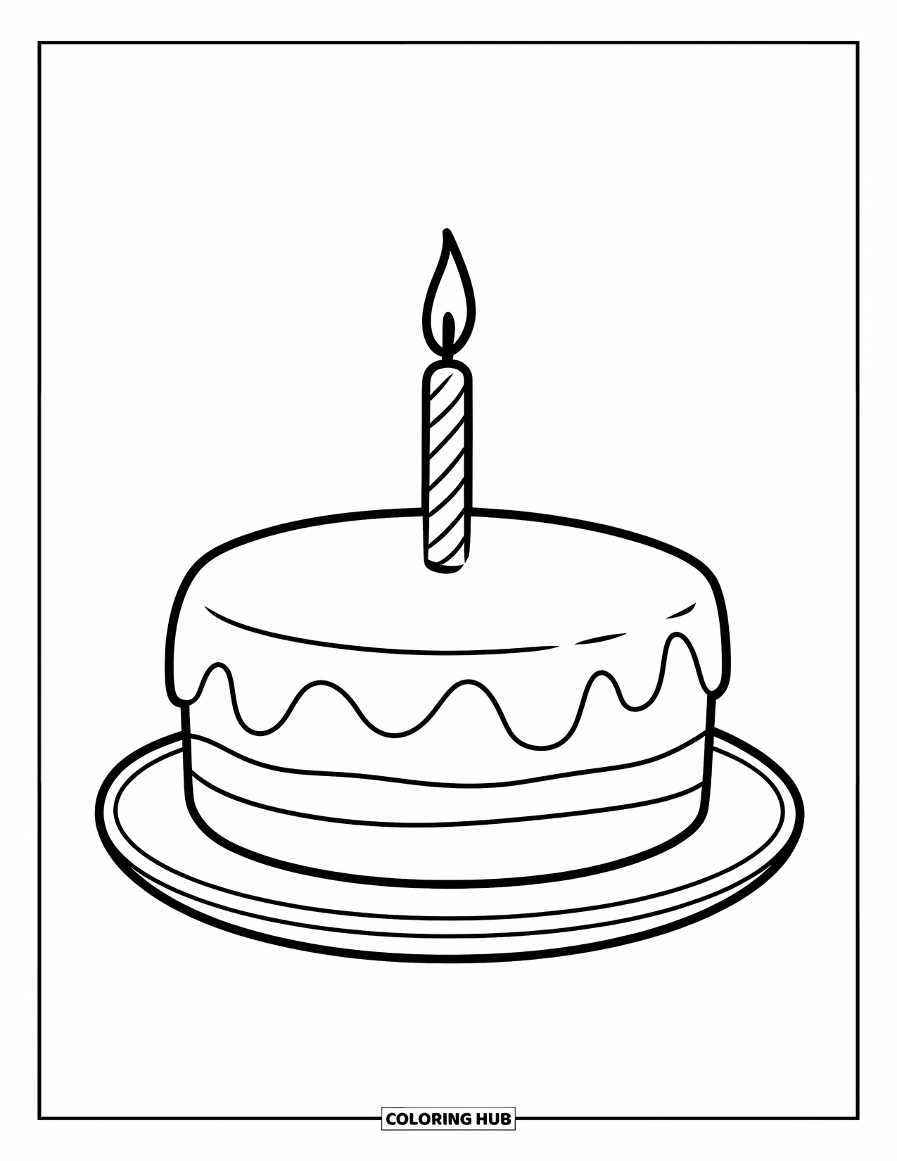 Bakery Coloring Page for Kids: A round cake with one candle placed neatly on a plate