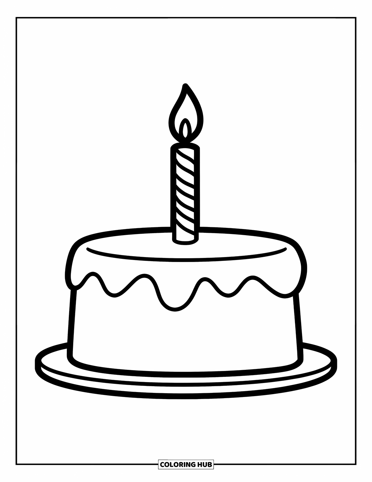 Bakery Coloring Page for Kids: A small cake with one candle and smooth frosting