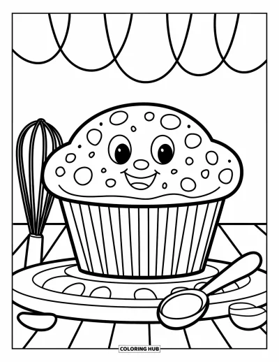 Çocuklar için Fırın Boyama Sayfası: Neşeli ve sevimli bir havayla fırın aletlerinin yanında gülümseyen bir muffin